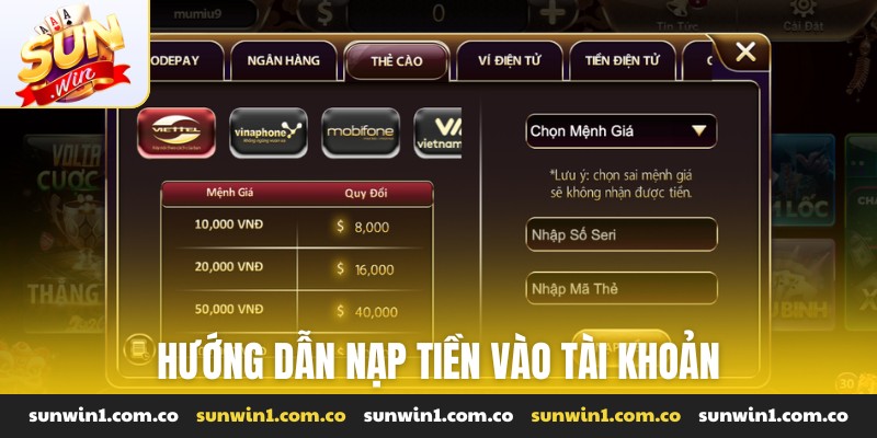 Hướng dẫn nạp tiền vào tài khoản